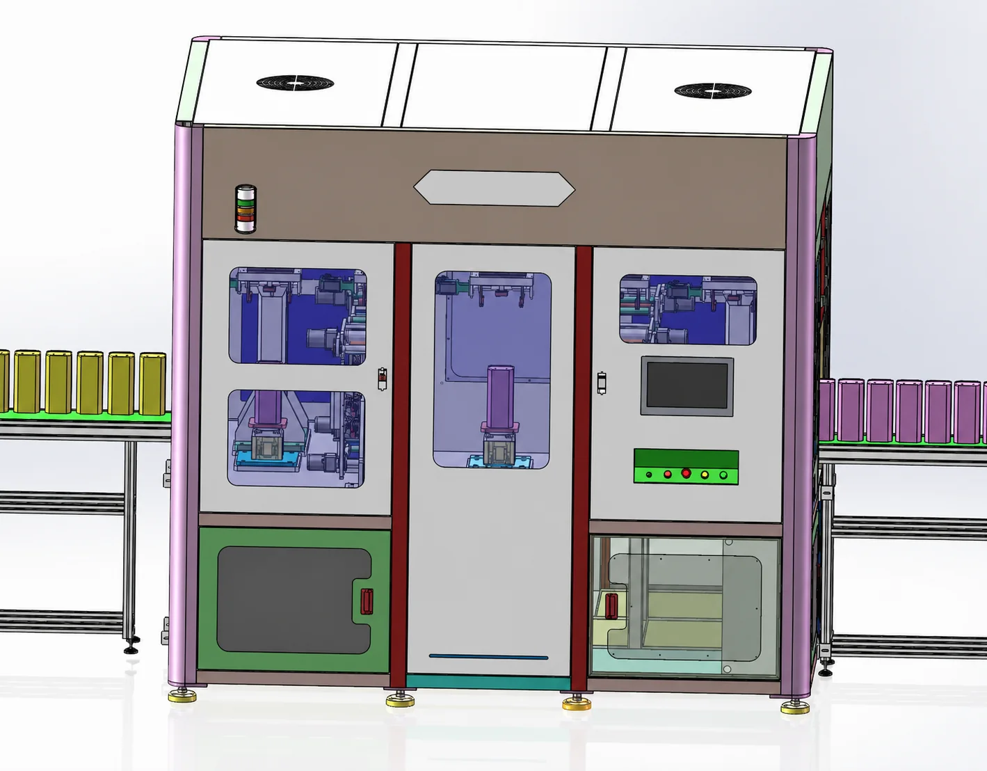 Front view of automatic bottle cap hot stamping equipment frame and conveyor