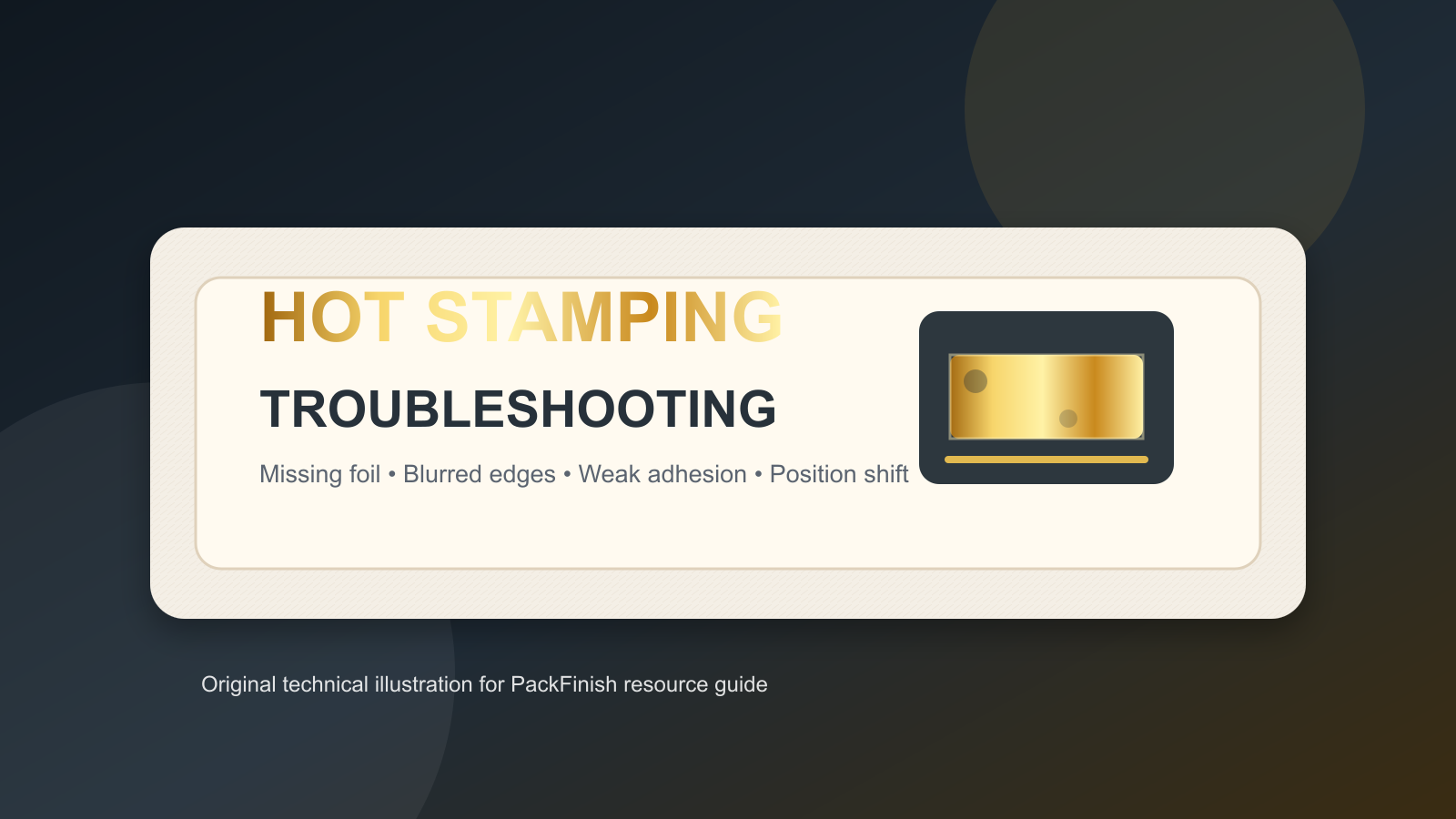Technical illustration for hot stamping troubleshooting, covering missing foil, blurred edges, poor adhesion and misalignment.
