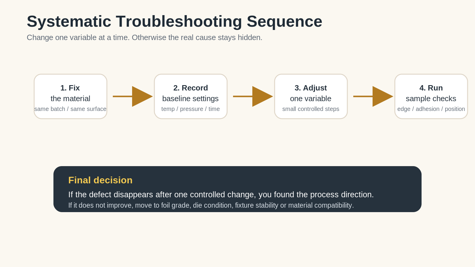 Flowchart showing a systematic troubleshooting sequence for hot stamping defects.